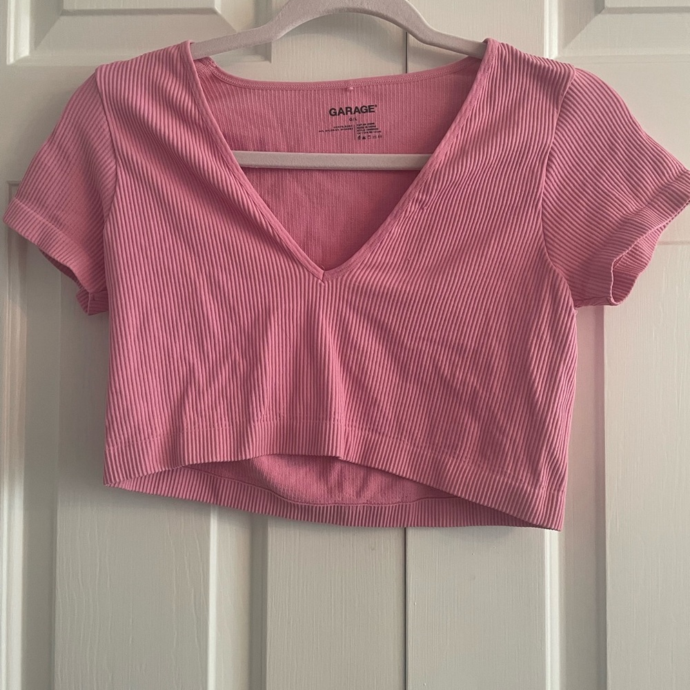 Pink Garage Crop Top Large Plunge Neckline Ribbed